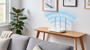 A modern router placed high on a shelf to boost Wi-Fi signal strength and avoid interference.