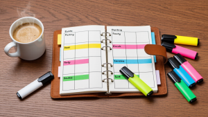 Using a paper planner to map out the time blocking method for a productive day.