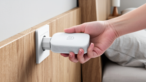 Plugging in a Mesh Wi-Fi node to boost Wi-Fi signal coverage in dead zones like the bedroom.