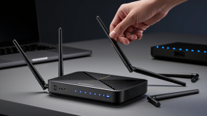 Adjusting router antennas to different angles to boost Wi-Fi signal across multiple floors.