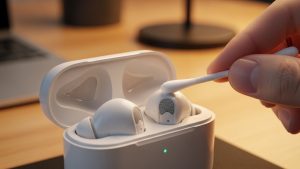 Using a cotton swab to clean your tech gadgets like wireless earbuds improves audio quality and hygiene.