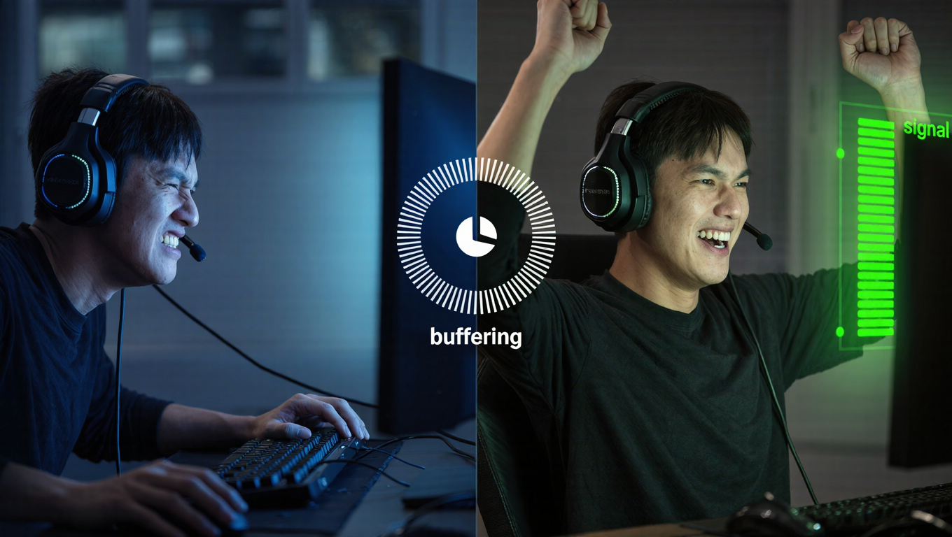 Split screen showing a slow internet connection versus a fast connection after using tips to boost Wi-Fi signal at home.
