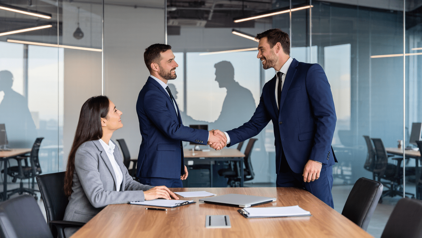 A confident candidate shaking hands with an employer after using psychological tricks to ace your job interview.