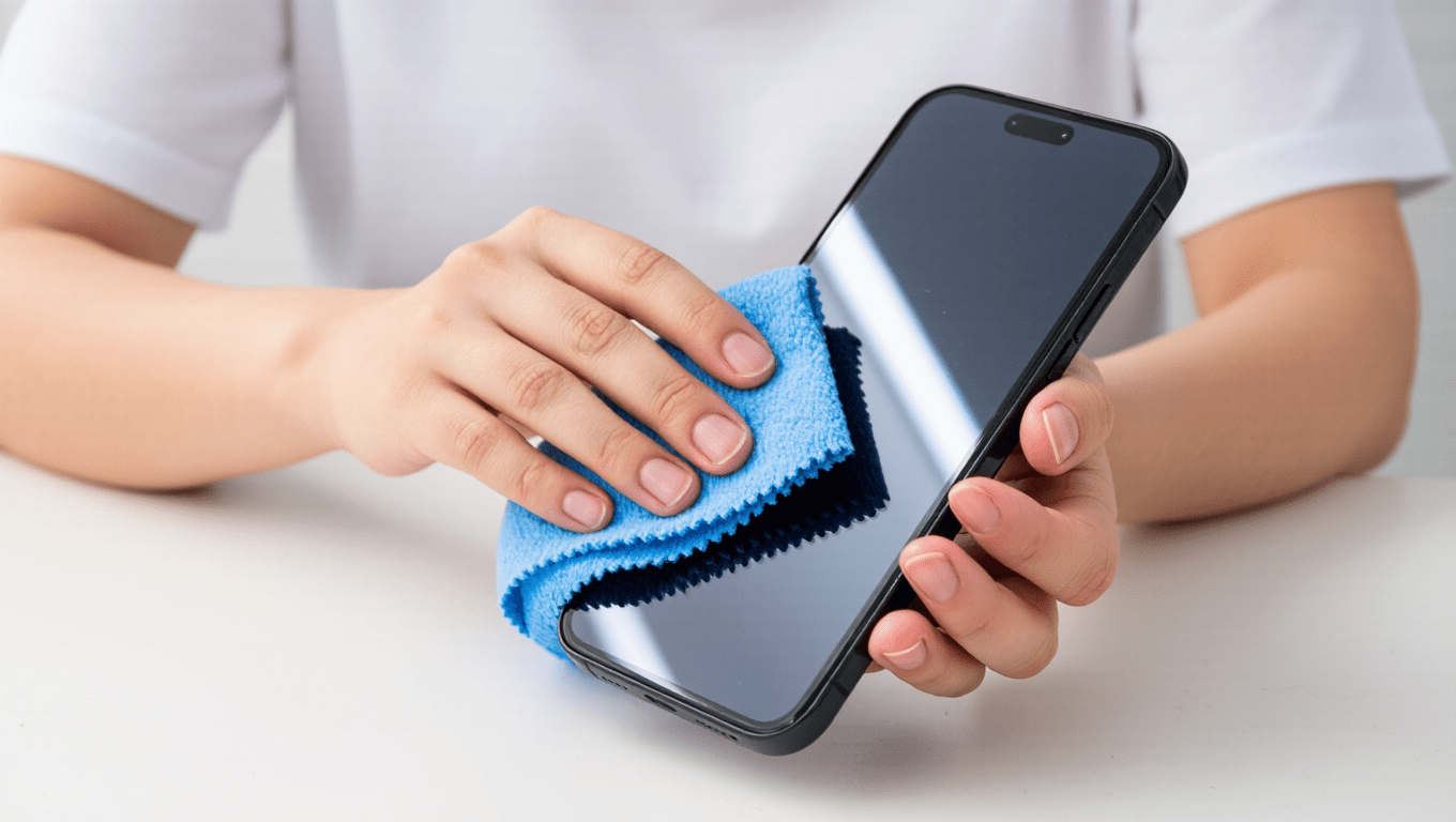 A comparison of a dirty versus clean smartphone, demonstrating the importance of knowing how to clean your tech gadgets.