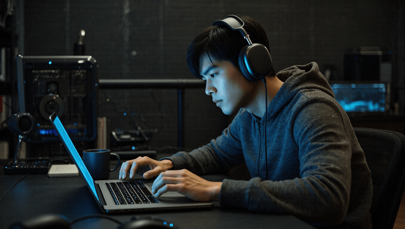 A focused professional using noise-canceling headphones to demonstrate how to practice deep work effectively.