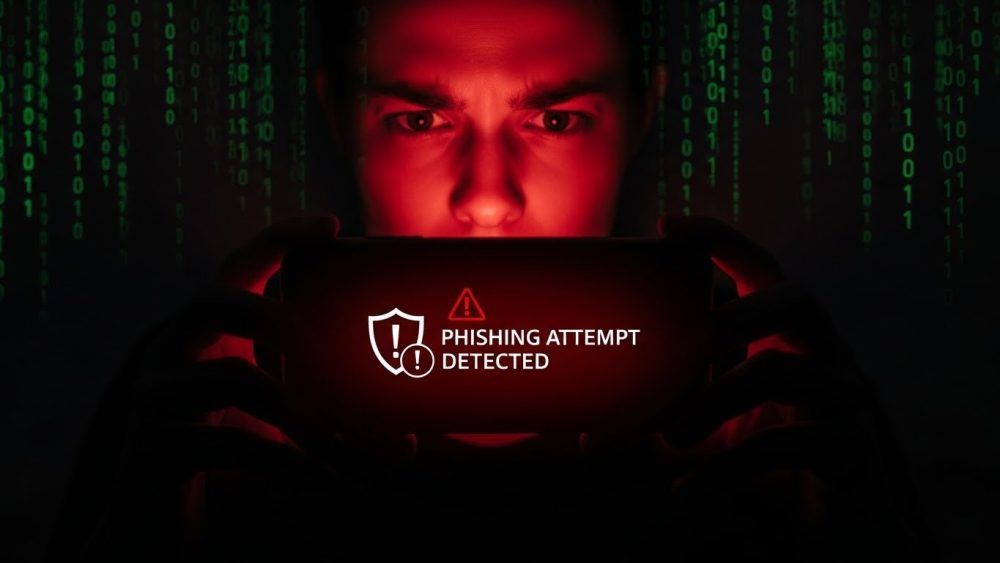 A smartphone user receiving a security warning, illustrating how to spot a phishing scam.