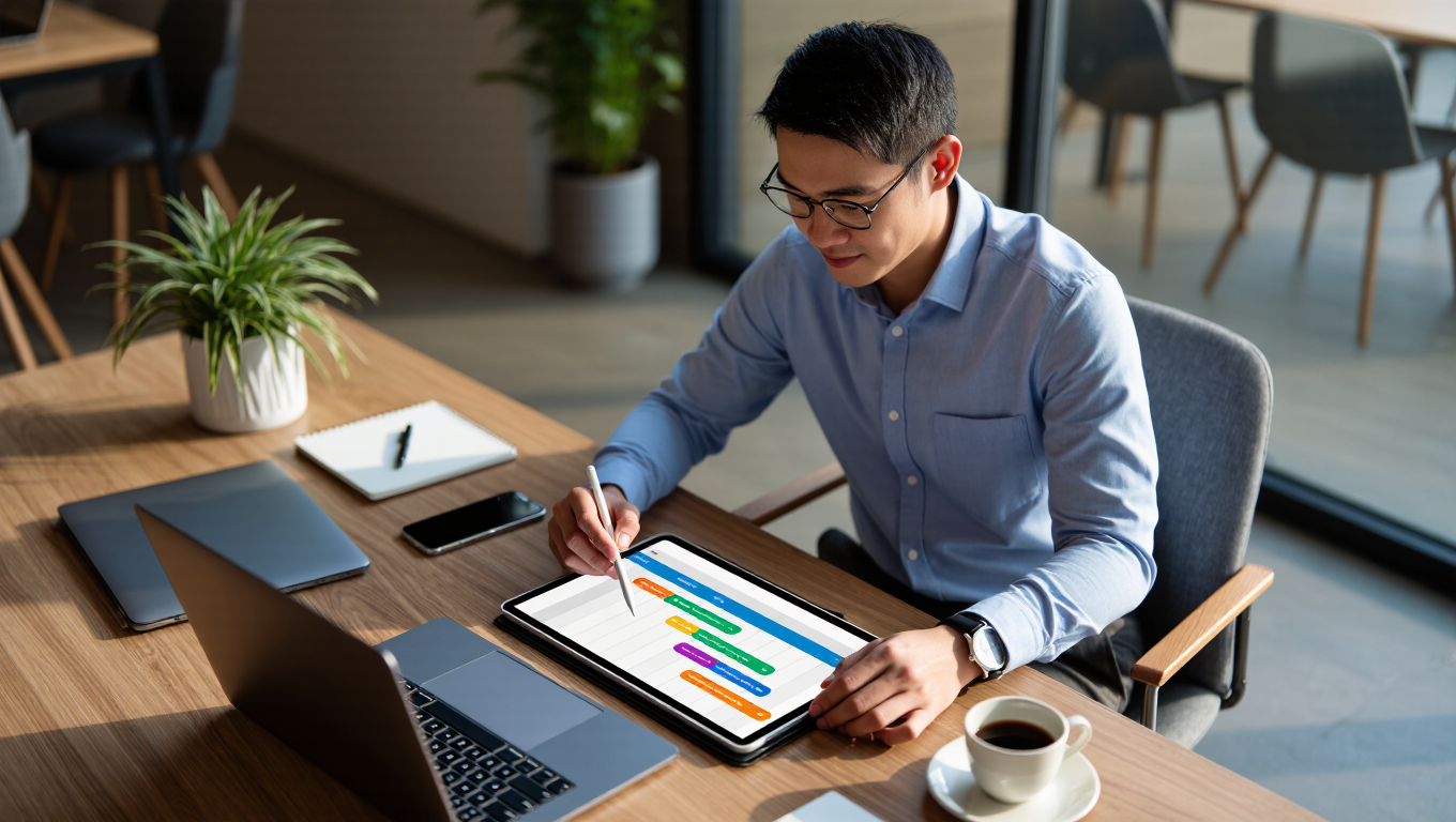 A professional using the time blocking method on a tablet to organize a productive workday.