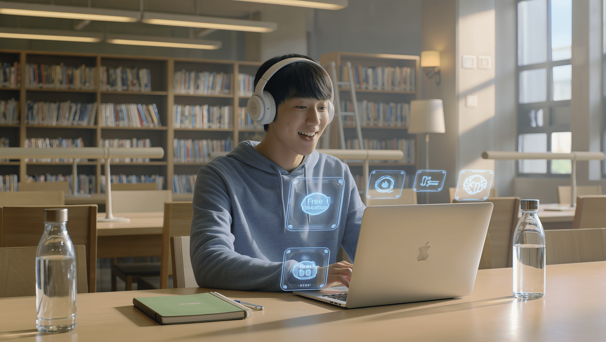 A student using online resources to learn any new skill for free and save money.