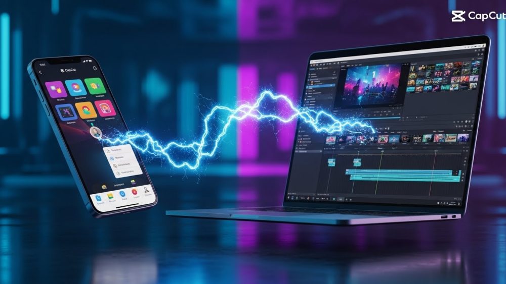 A visual comparison of CapCut PC vs Mobile review highlighting the synchronization between devices.