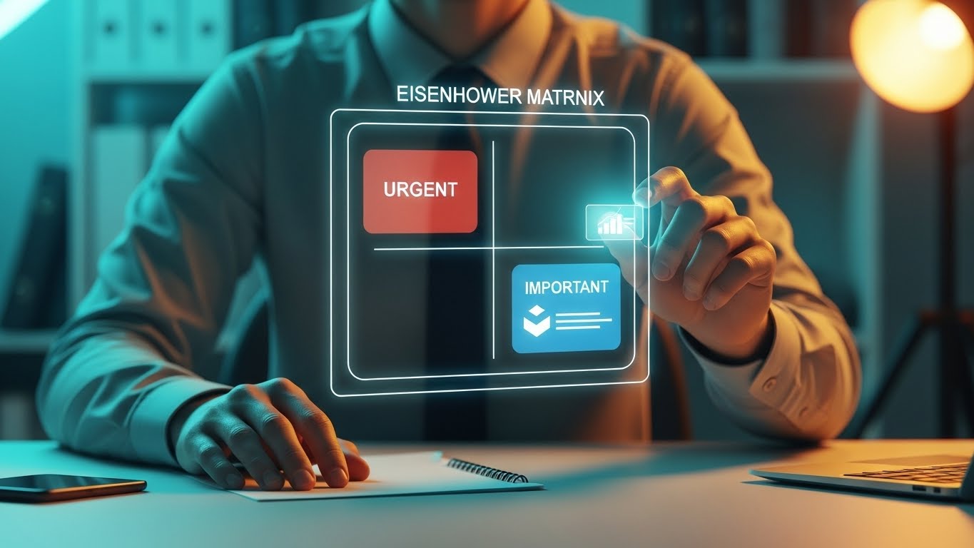 A professional using the Eisenhower Matrix to prioritize tasks effectively and reduce stress