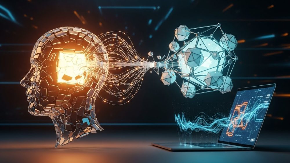 A conceptual illustration of connecting a biological mind to a digital system to build a second brain.