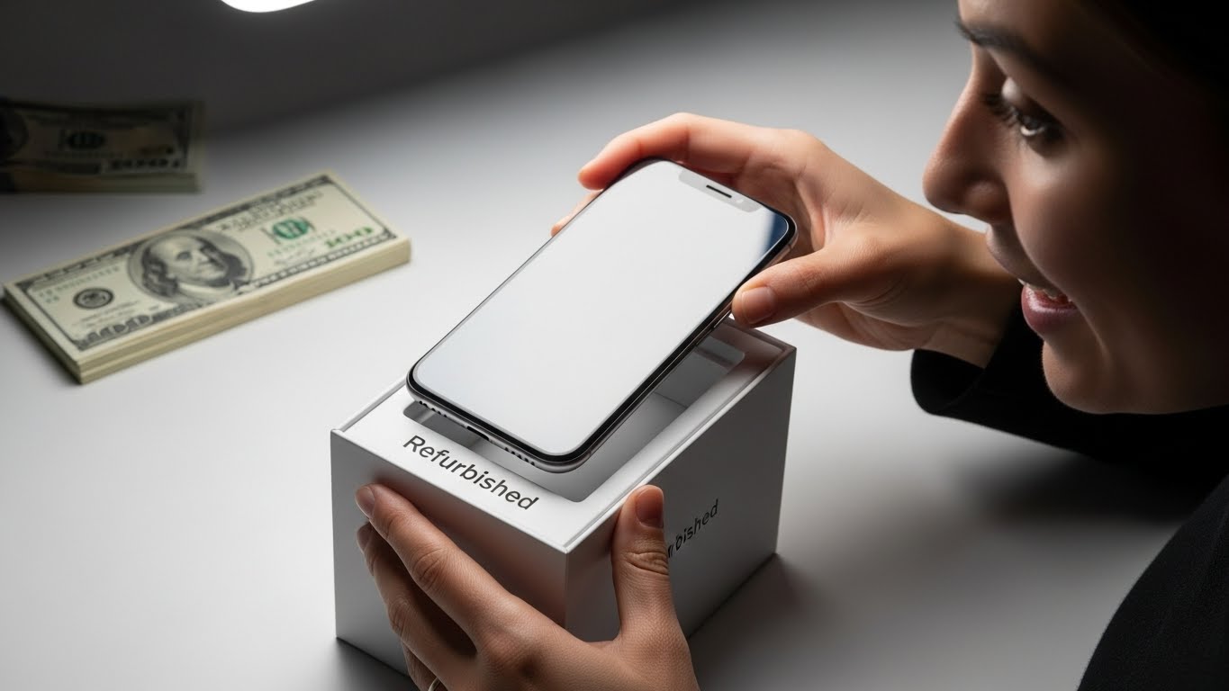 A happy customer unboxing a pristine phone, highlighting the benefits of buying refurbished tech.