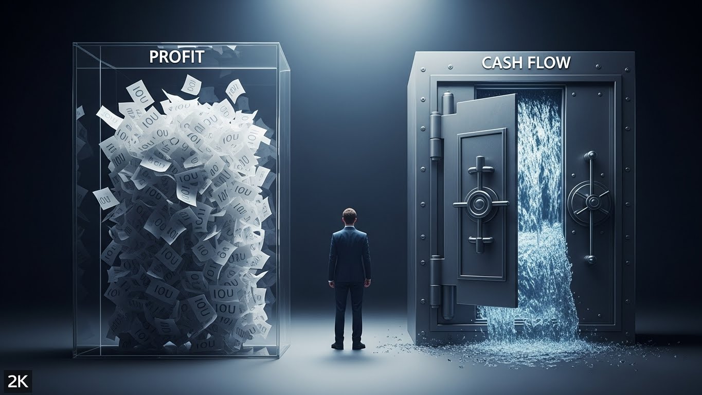 A visual metaphor distinguishing the stability of cash flow vs profit in business.