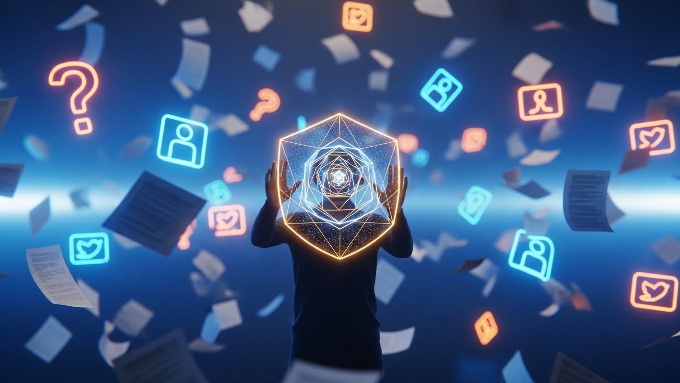 A visual metaphor of using critical thinking skills to filter out misinformation and chaos.