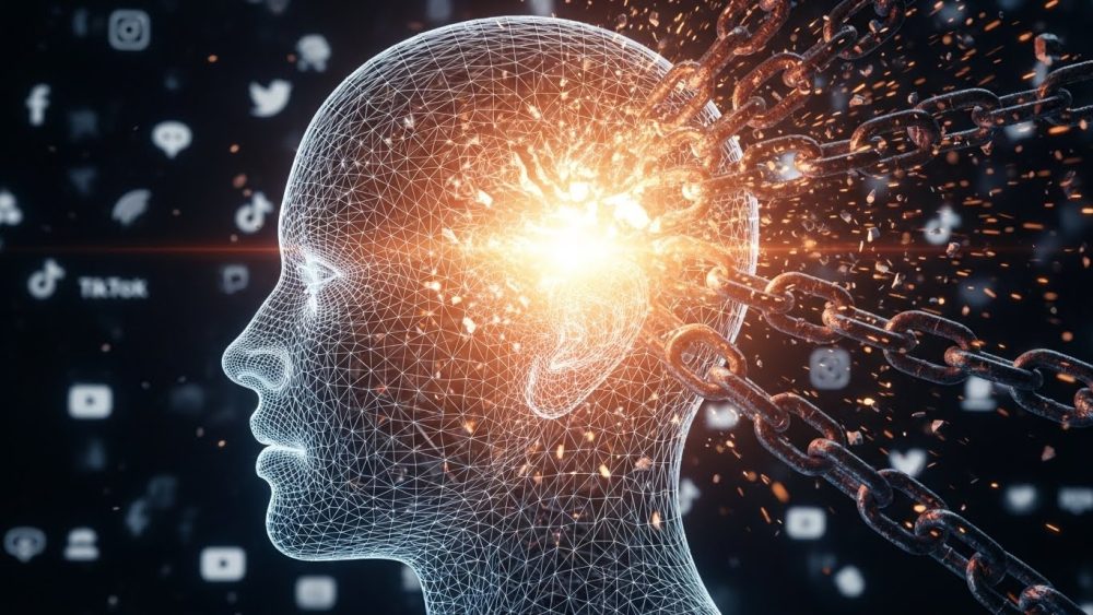 A conceptual illustration of a mind breaking free from technology addiction using digital detox tips.