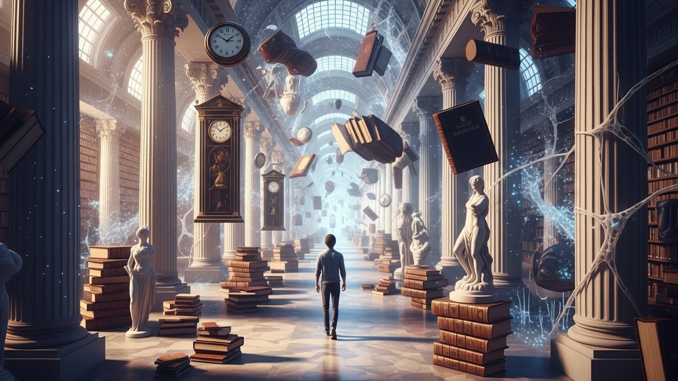 A surreal visualization of a mind palace, illustrating the technique on how to remember everything you read.