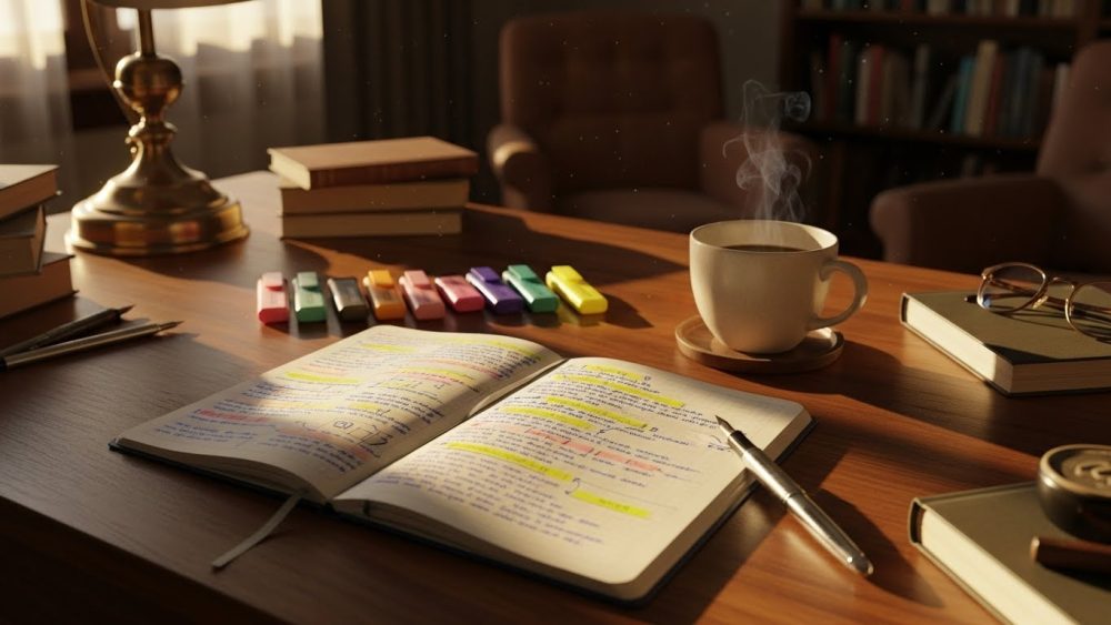 An organized study desk with notebooks and pens, illustrating the environment needed to learn how to take better notes.