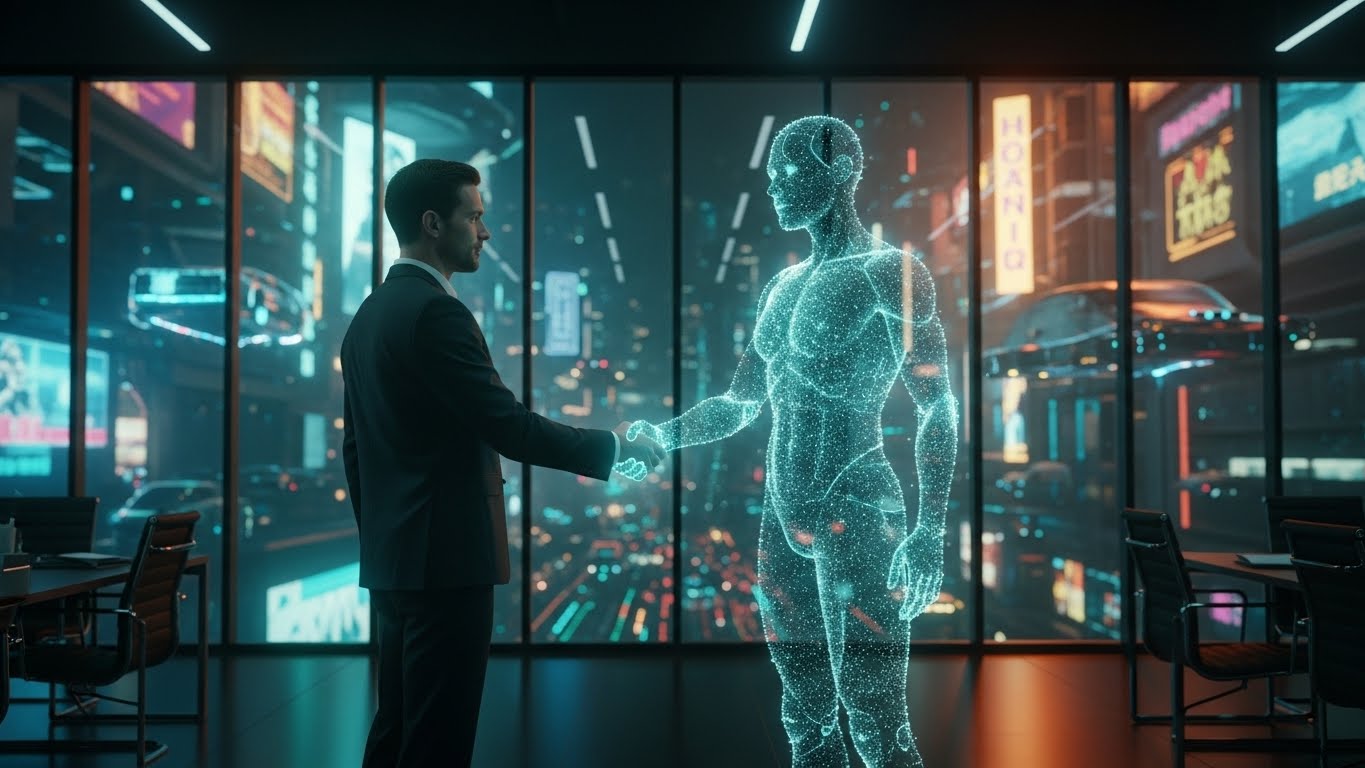 A human collaborating with an AI avatar, symbolizing the mastery of how to use AI tools effectively.