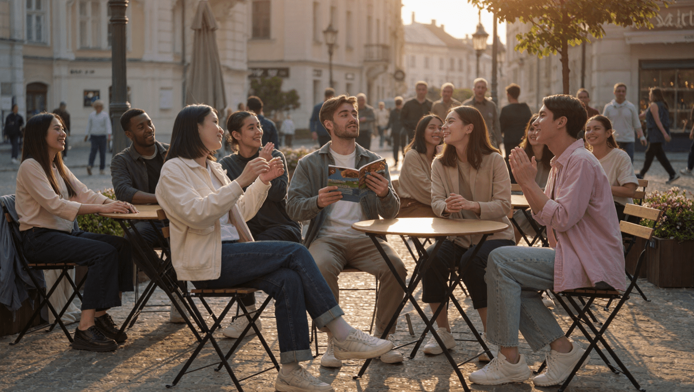 A traveler speaking confidently with locals, demonstrating the goal to learn a new language fast.