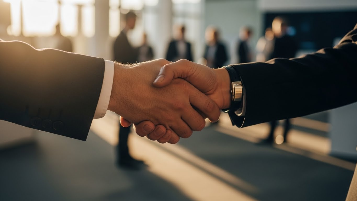 A firm handshake symbolizing trust and the ability to master business networking.