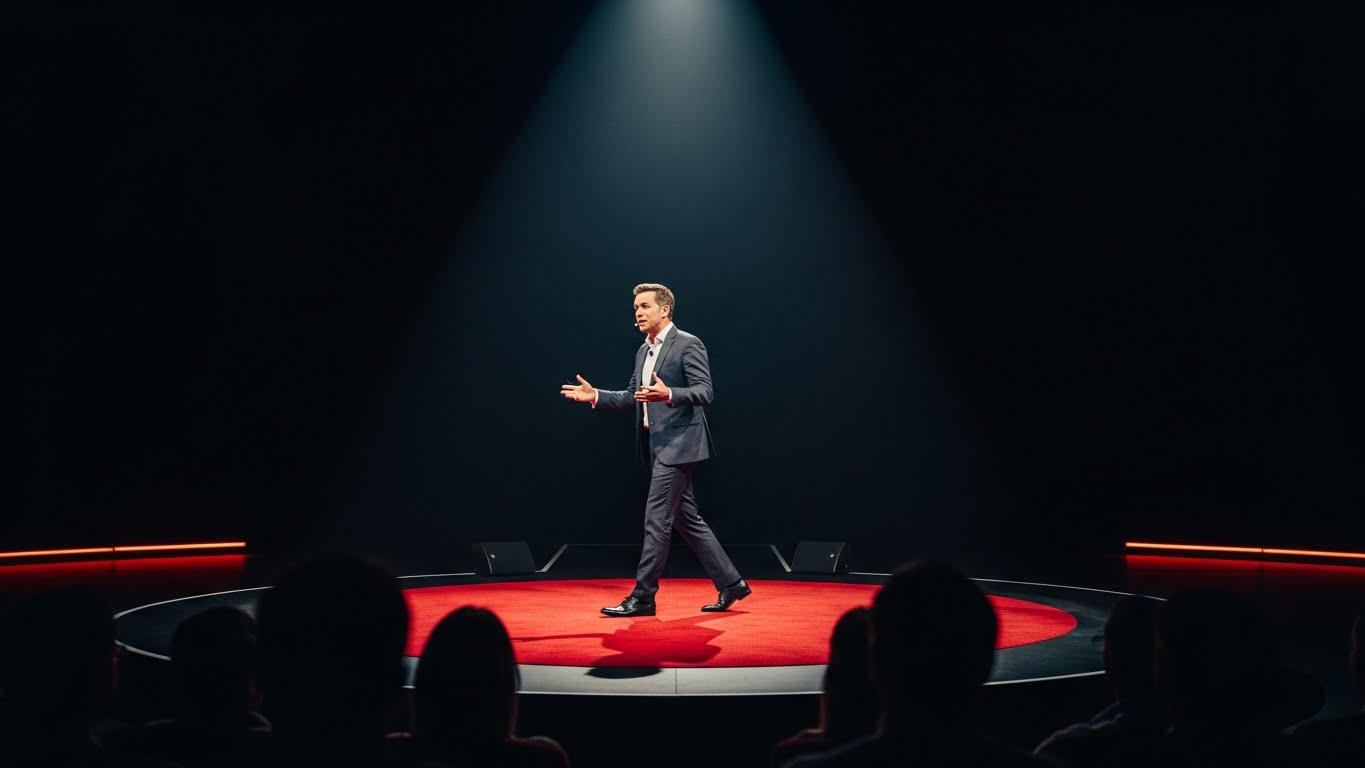 A confident speaker on a spotlighted stage, demonstrating the skills needed to master public speaking.
