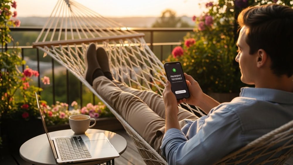 A relaxed person checking income notifications, illustrating the goal of passive income ideas for beginners.