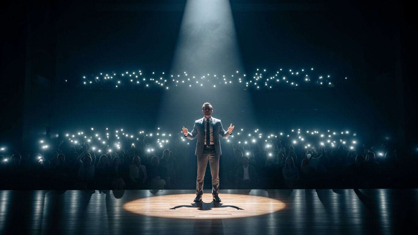 A speaker on stage illustrating the authority you build with this personal branding guide.