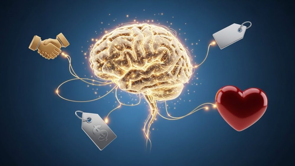 A conceptual illustration of the human brain illustrating the psychology of selling and decision making.