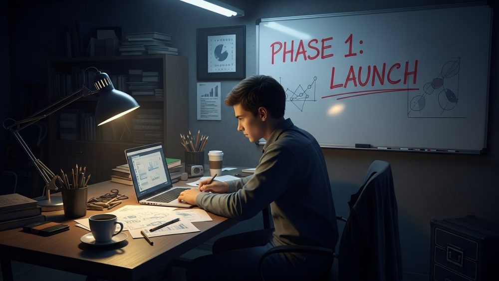 A determined entrepreneur working in a garage, illustrating the grit needed to start a business with no money.